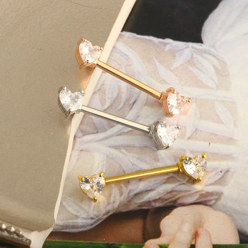 Nipple Barbell 316L Surgical SS PVD Plated Multi-color Red Blue Rainbow Pink Purple CZ Heart shaped Nipple Piercing Shiny Sparki