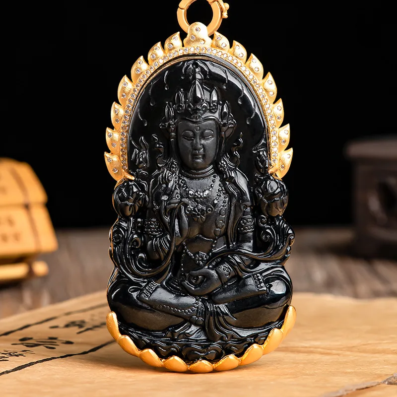 

Burmese Jade Guanyin Pendant Talismans Jadeite Gemstone Jewelry Necklace 925 Silver Men Real Natural Amulets Carved Black