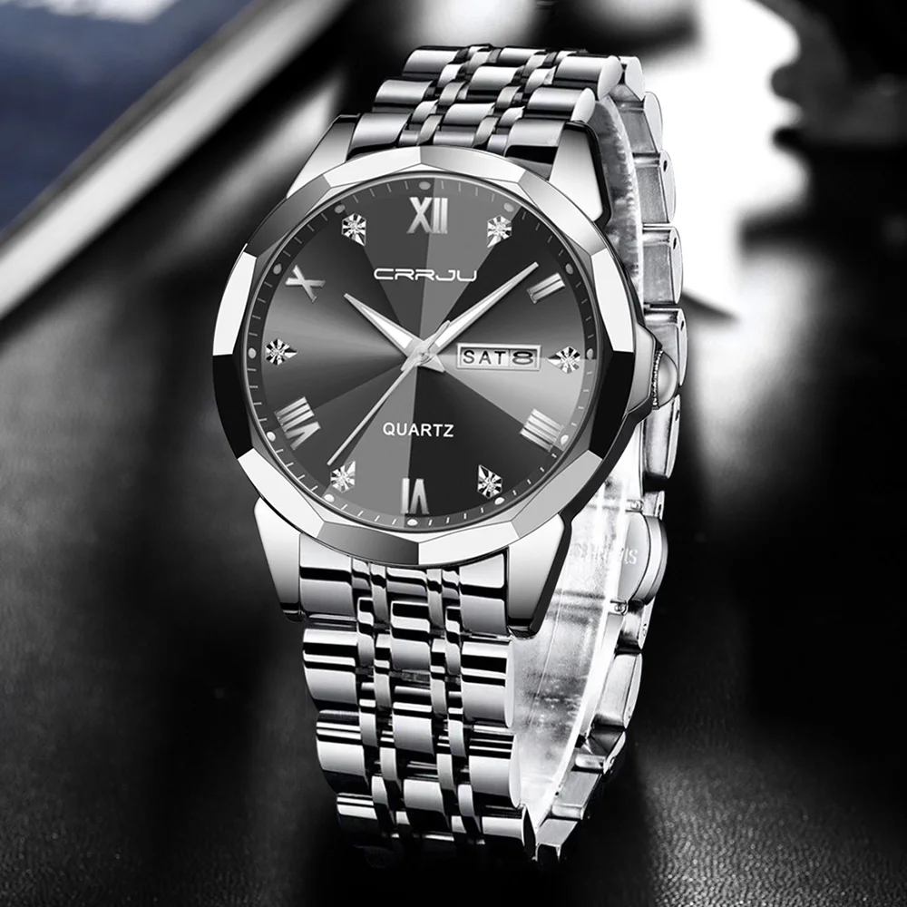 CRRJU Luxury Men Quartz Watch Waterproof Date Week Luminous Wristwatch Stainless Steel Men's Watches Male Clock Sports Reloj