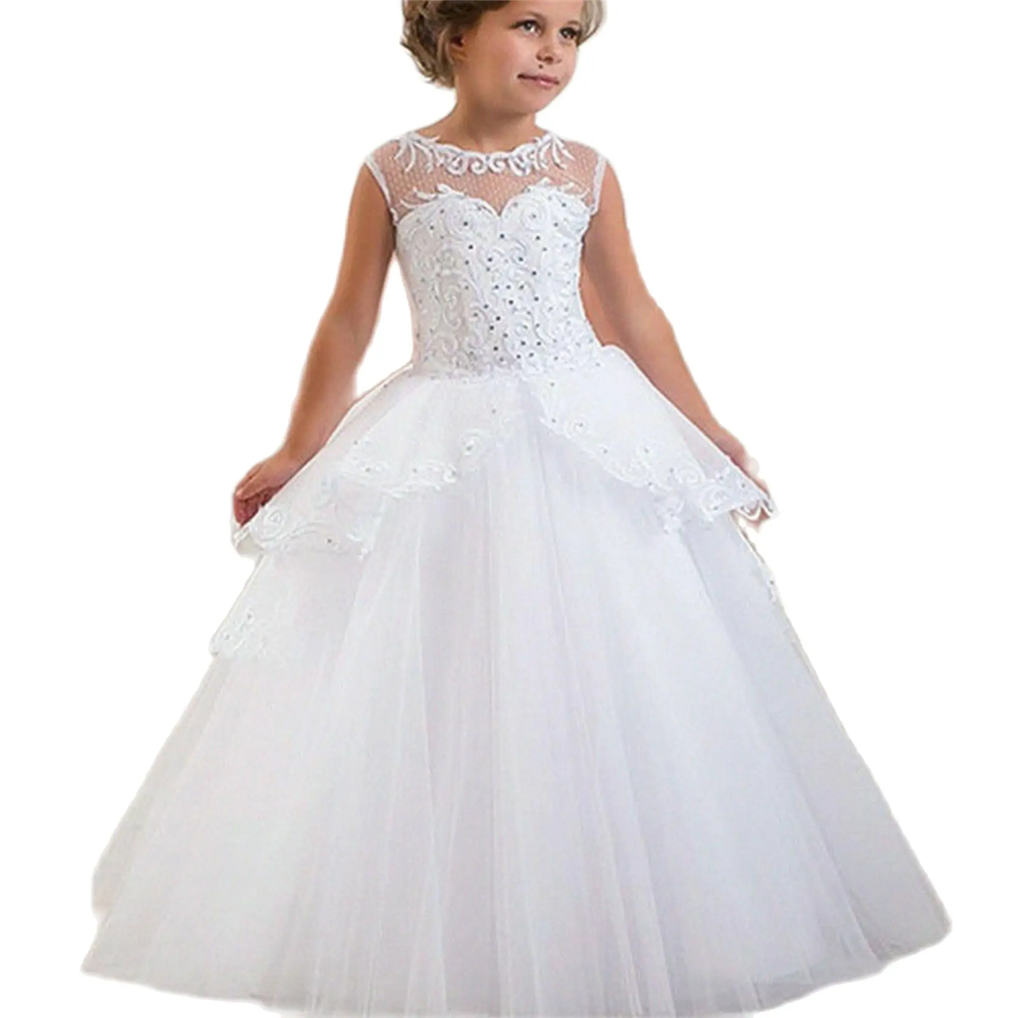 

Flower Girl Dresses Elegant For Girl First Communion Pageant Dresses White Lace Appliqué Sleeveless Princess