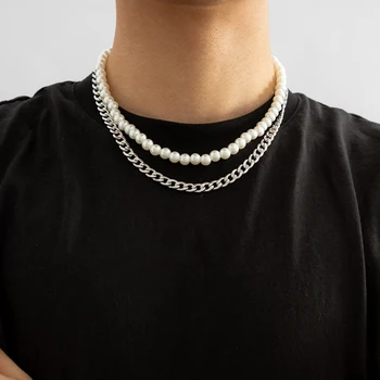 Punk Pearl Beads Chain Spikes Cross Pendant Necklace Men Hiphop Layered Stainless Steel Choker Necklace Set 2023 Fashion Jewelry