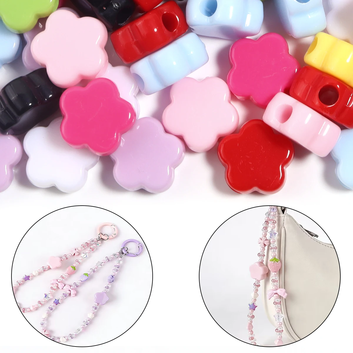 30/50 Stück Acrylperlen in Bonbonfarben, quadratische, herzförmige und blumenförmige Abstandsperlen für DIY-Halsketten, Armbänder und Schmuckherstellung – Detail 6