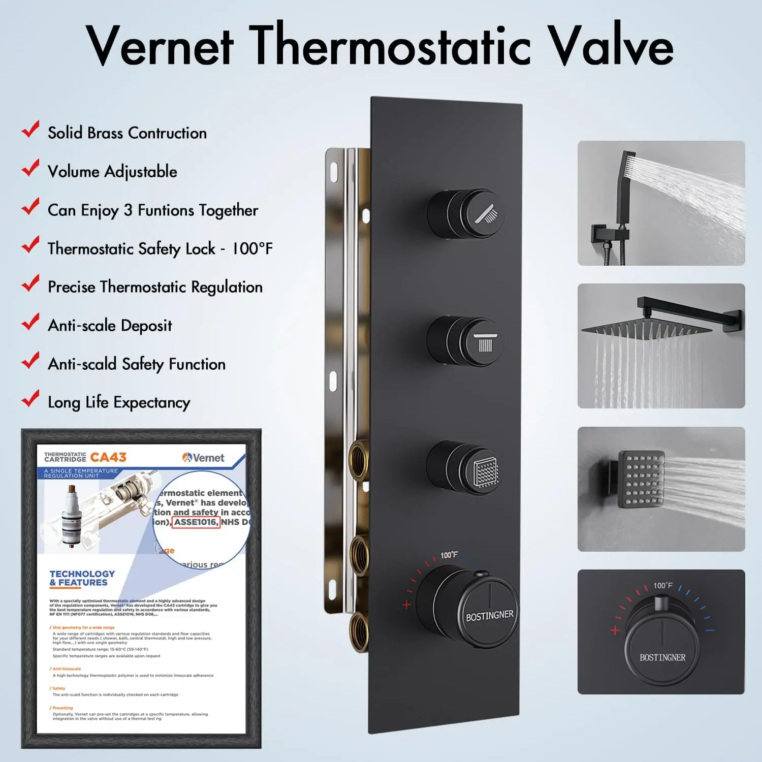 Shower System with Body Jets 12" Thermostatic Rainfall Shower System with 6 Body Spray Jets Full Spray