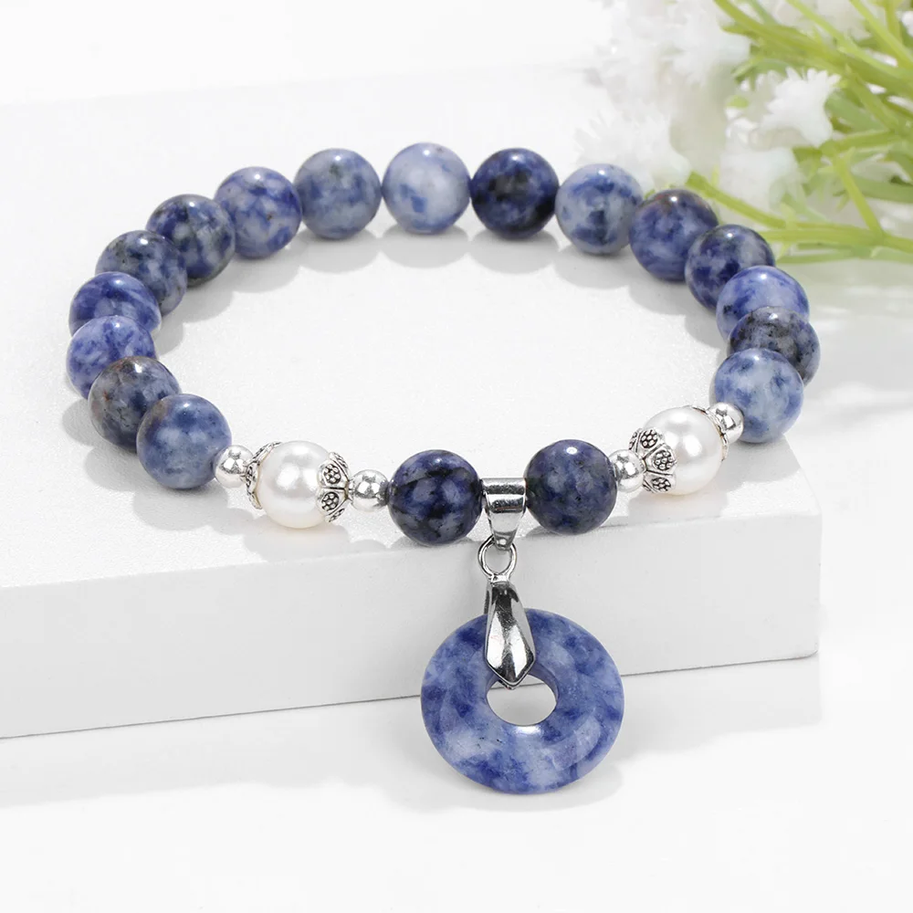 Naturstein Anhänger Armband Blauer Sodalith Malachit Amethyste Tigerauge Stein Kreis Sechseckiges Herz Charm Armreifen Schmuck