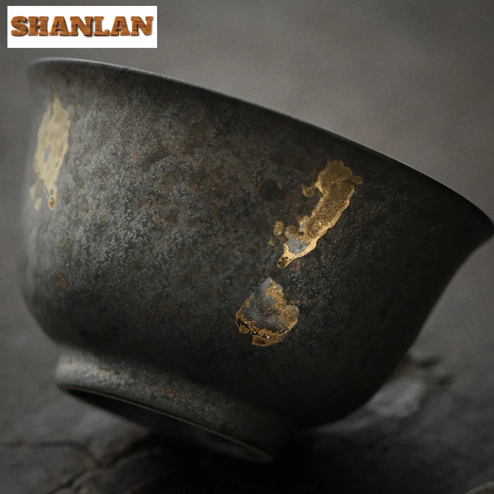 Handmade Rust Glazed Coarse Pottery Gaiwan Japanese Sprinkle Gold Tea Lid Set Tea Tureen Maker Cover Bowl Ceremony Gifts
