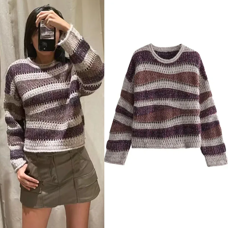 

TRAF Fall Patchwork Knit Tops Women Menswear Style O-Neck Loose Sweaters Casual Turned Up Trim Open Knit Pattern Warm Pullovers