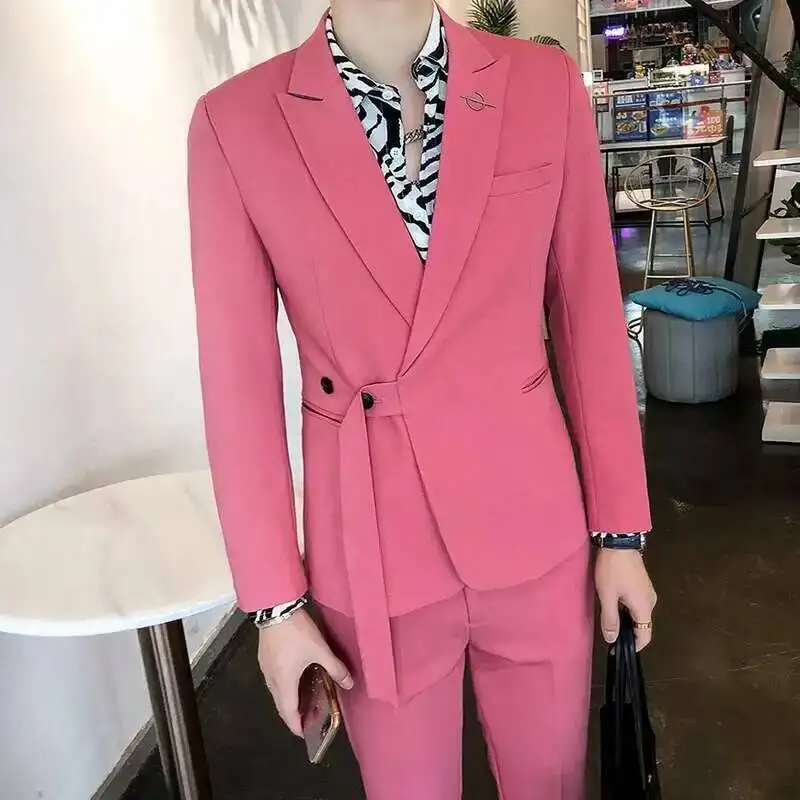 Suit Set Belt Slim Fit Korean Suit 2 Piece Blazer Men Tuxedo Belt Blazer Men Stylish Stage Party Club