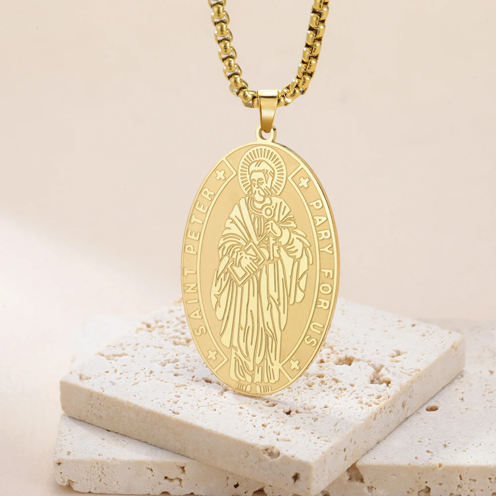 Dawapara Heilige Peter christliche Medaillon-Halskette, religiöser Anhänger, Schutzpatron der Fischer, Taufe, Geschenk, Edelstahl-Schmuck – Detail 8