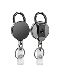 Retractable Metal Wire Keychain with Pull Badge Reel and Elastic Key Ring (Blac)