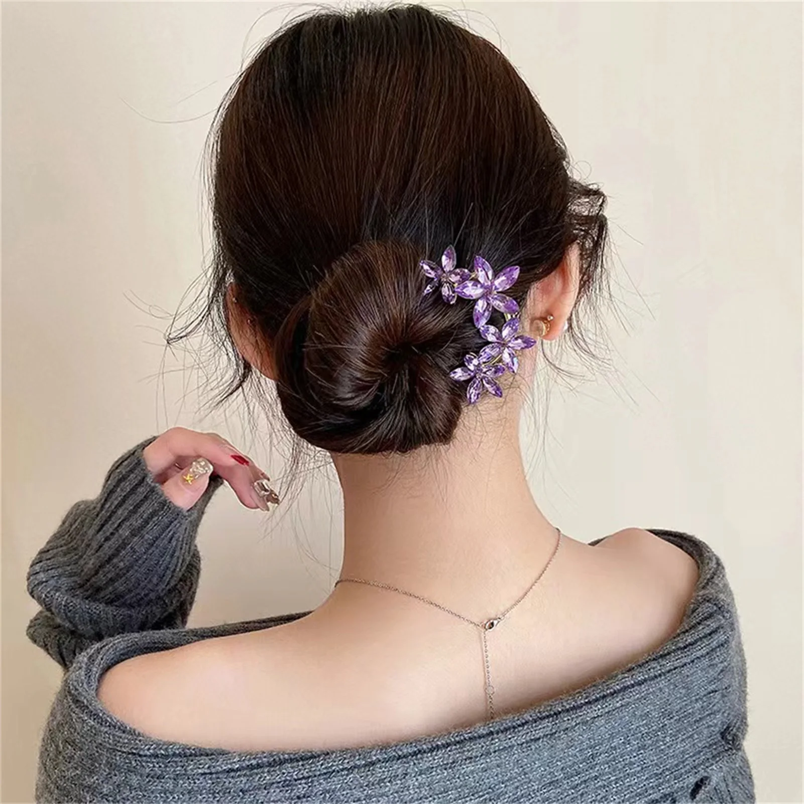 Lila Strass Dekor Haar Sticks U Form Haar Clip Für Retro Blumen Haarnadel Antiken Schmuck Haar Zubehör Für Frauen Mädchen – Detail 4