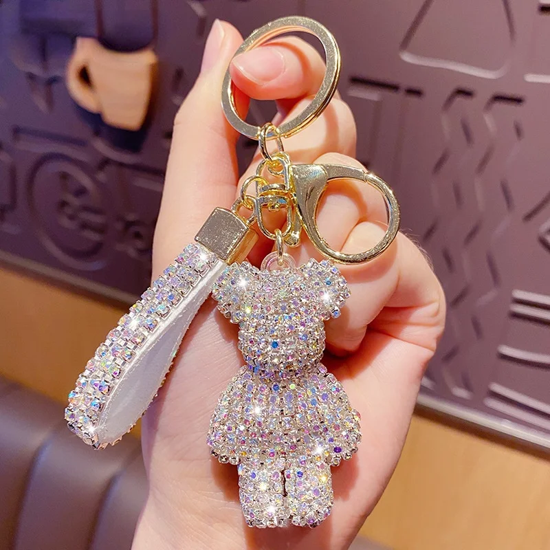 Rhinestone Cute Bear Key Chain Tassels Keychain with number Anti
