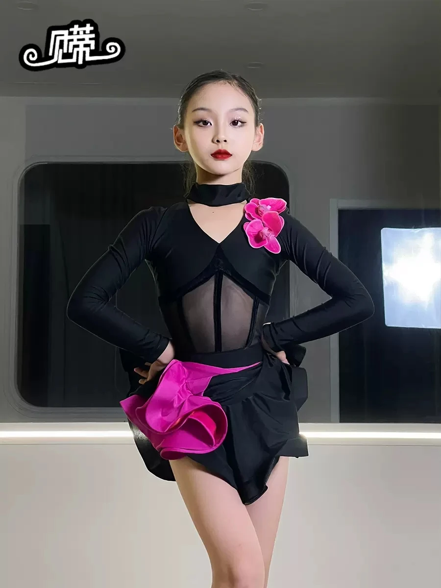 

2024 Kids Latin Dance Dress For Girls Long Sleeves Suit Cha Cah Rumba Ballroom Dance Competition Dress Practice Wear