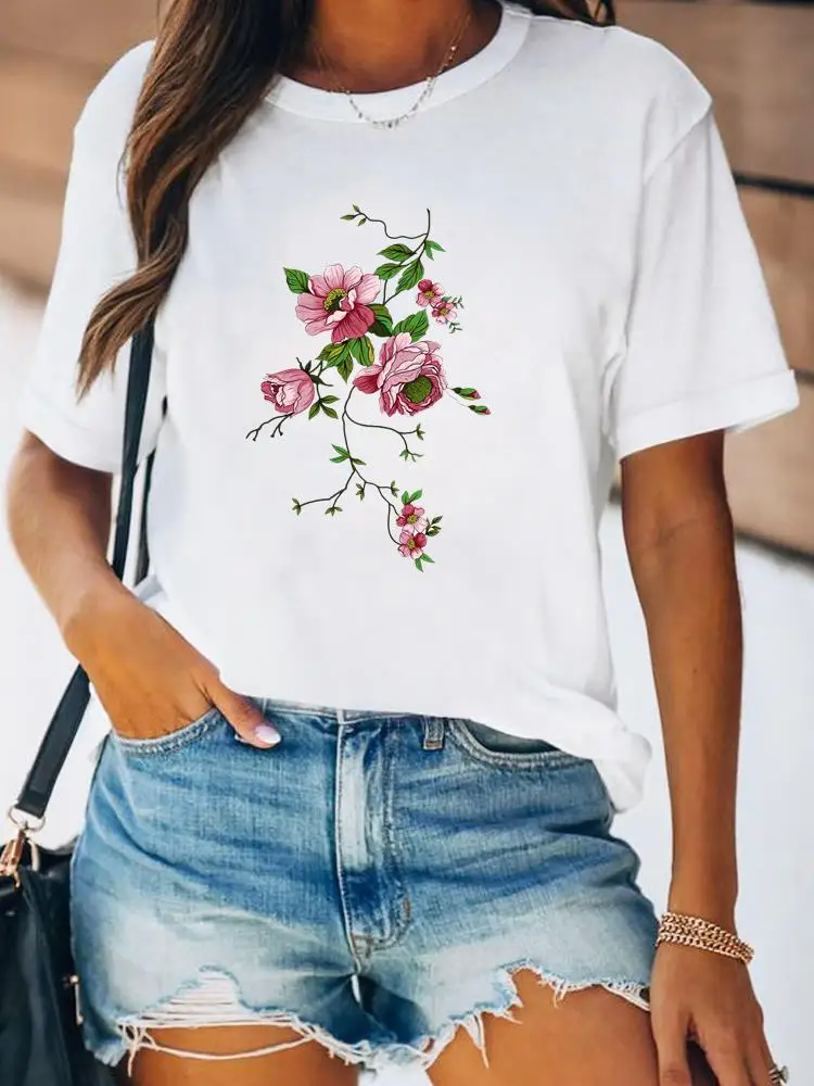 Women Spring Fashion Summer Female Tee Shirt Print Clothes Lady Short Sleeve Flower Lovely Floral Trend 90s Graphic T-shirt