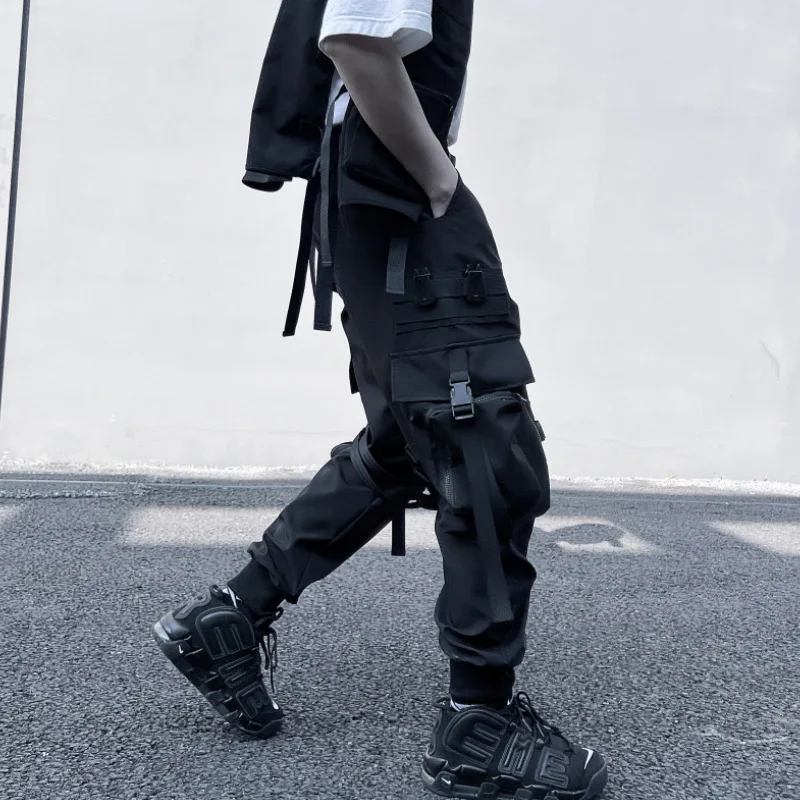 【PAKUA】RIBBON BUCKLE CARGO PANTS 2023 Multi-pockets Techwear Cargo Pants Buckle Ribbon
