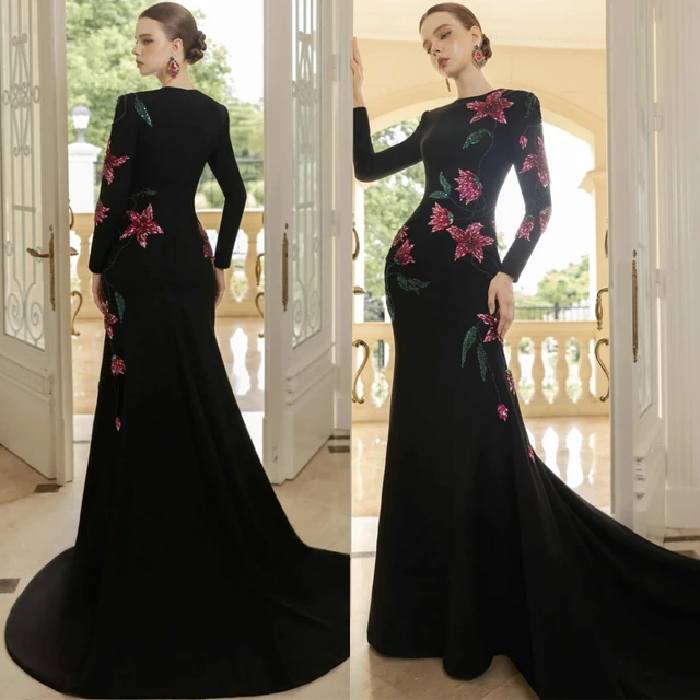 Customized Elegant Mermaid Jersey Evening Dress Exquisite Flowers Prom Dresses Temperament Long Sleeves Special Occasion Gowns 2