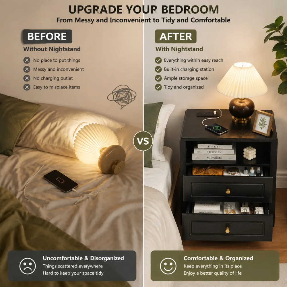 Nightstand with Charging Station 2 Drawers and Open Shelf Modern Bedside Table End Table with USB Type C Port AC Outlet Farmhouse Storage Cabinet for Bedroom Living Room Dorm Black 2 Nightstand with Charging Station 2 Drawers and Open Shelf Modern Bedside Table End Table with USB Type C Port AC Outlet Farmhouse Storage Cabinet for Bedroom Living Room Dorm Black 2