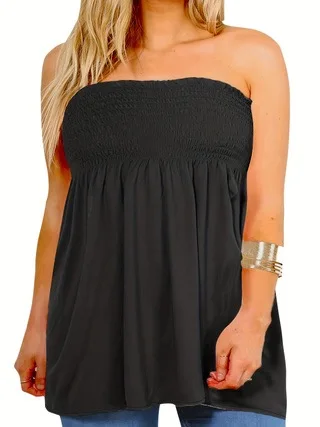 Plus Size sexy tube top, women's solid ribbed slightly elastic pleated tube top