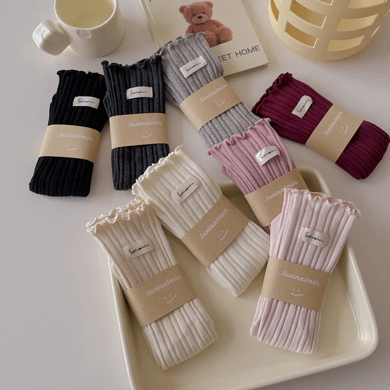 

Cotton Socks For Women JK Style Vertical Stripes Bunching Socks Female Solid Color Sweet In Tube Socks Ins Double Needle Sock