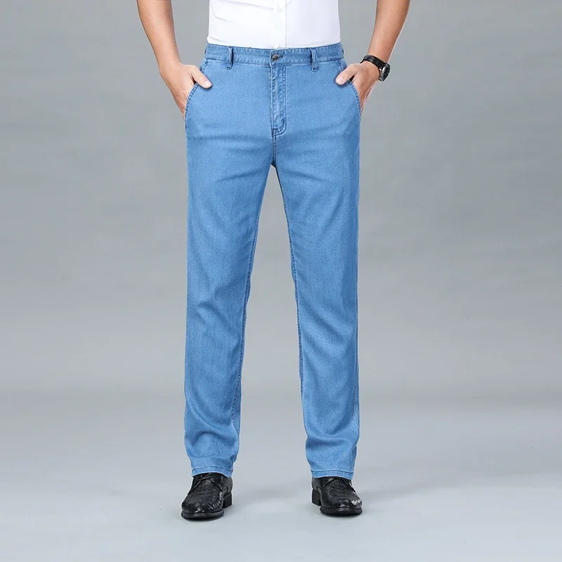 New Spring 2024 Men's Light Blue Stretch Straight Jeans Business Casual Denim Pants Modal Fabric Trousers Male Brand