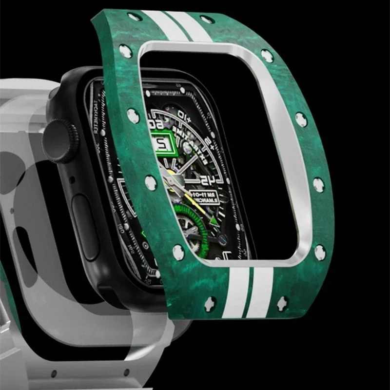 애플 워치용 고급 탄소 섬유 수정 키트, 배럴 모양 스타일, IWatch 시리즈 9, 8, 7, 6, 5, 4, 불소 고무 스트랩, 45mm, 44mm
