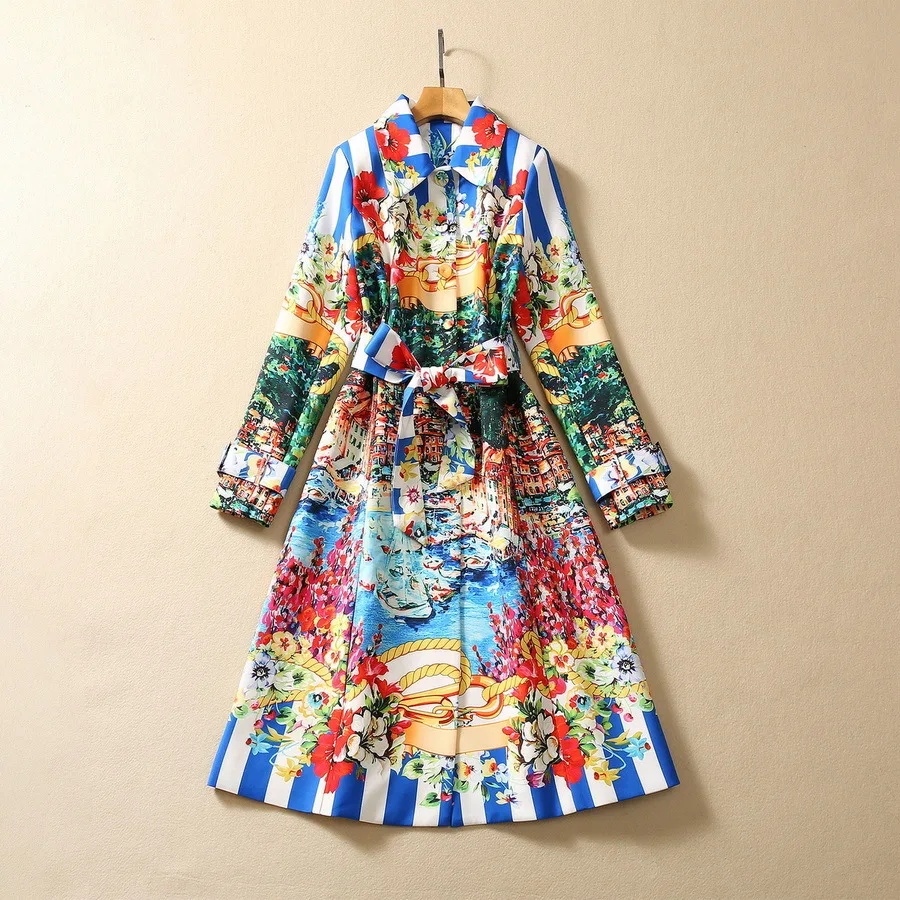

European and American women's clothing 2023 autumn new style Long sleeve single stripe beach view print breasted Trench coat