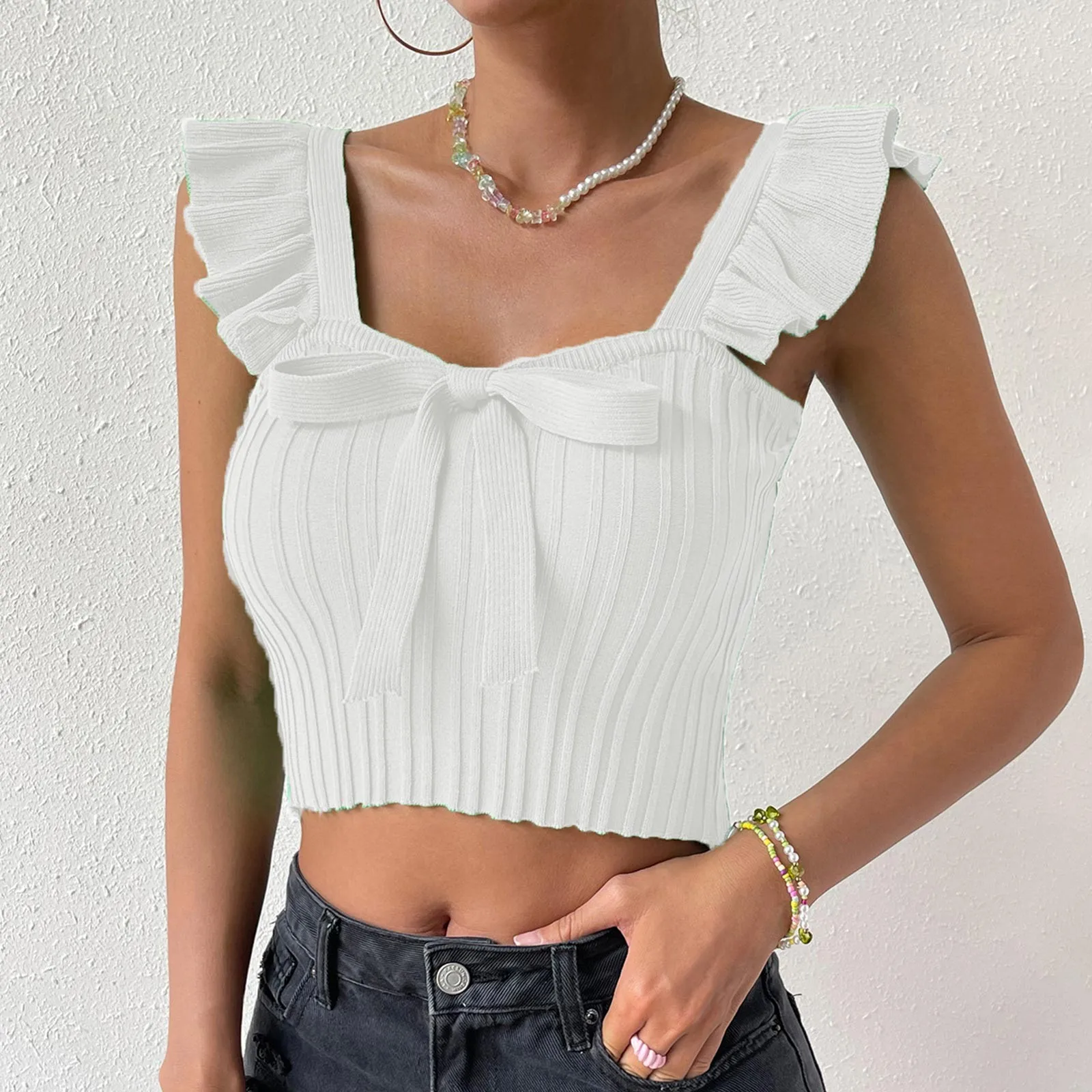 

Cute Crop Tops For Womens Ribbed Ruffle Strap Square Neck Tank Tops Ladies Summer Trendy Going Out Preppy Tops Streetwear