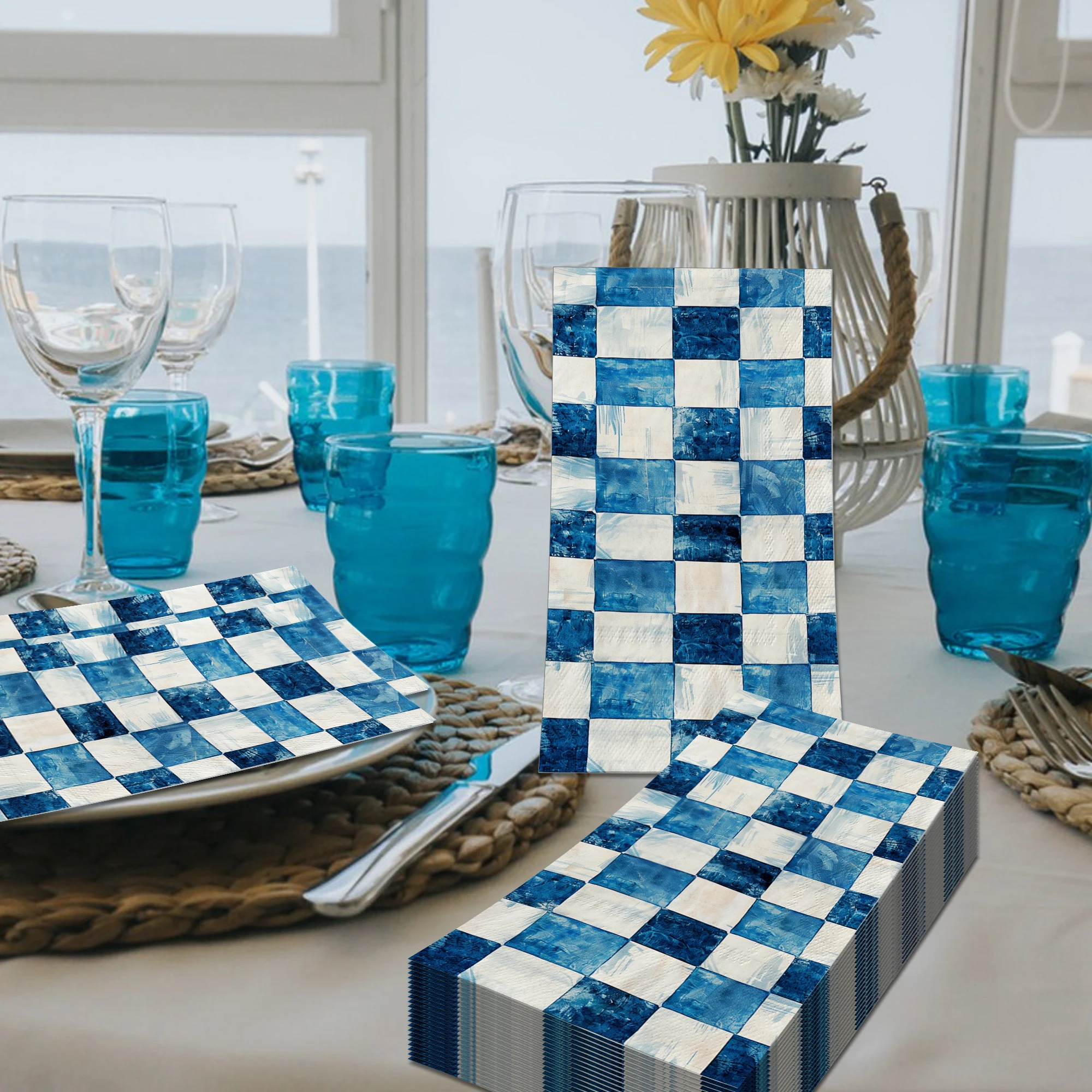 20 Stück blau-weiß karierte Gästevietten, königsblau kariert, lange Einweg-Papiergewebe für Picknick, Geburtstag, Partyzubehör – Detail 2