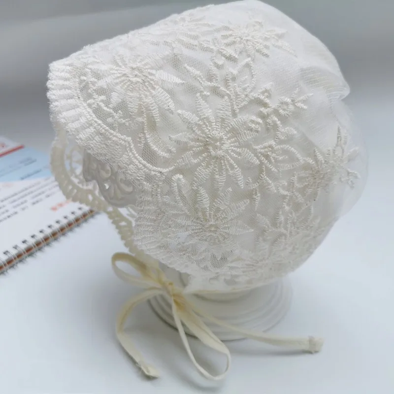 White Lace Baby Cap Flower Embroidered Lace Princess Bonnet Infant