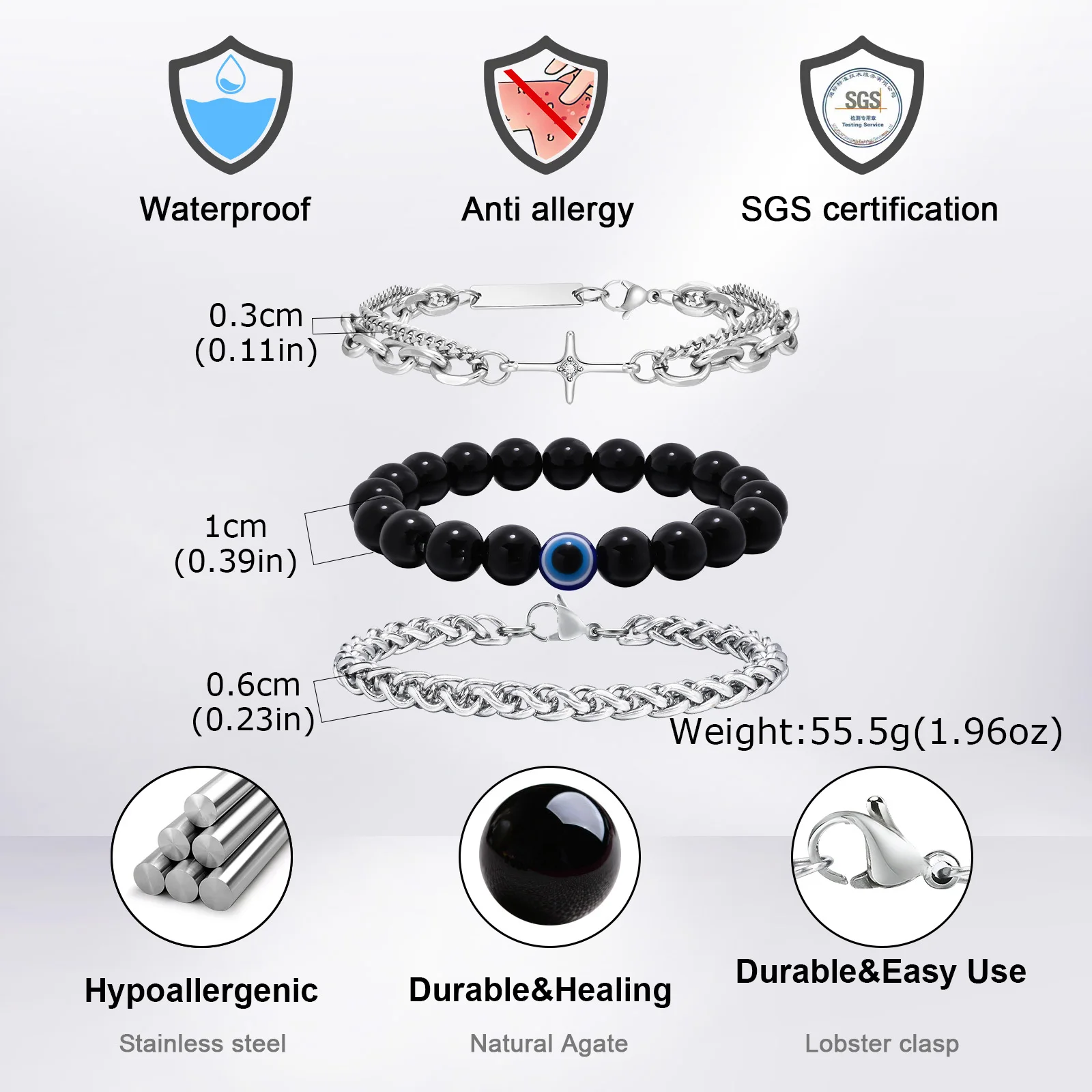 2pcs Hip Hop Bracelet for Men Boys,Four-point Star Stacked Chain Link Wristband,Trendy Jewelry Gift
