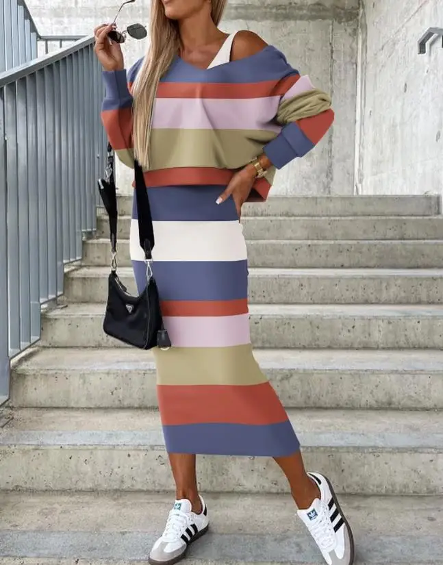 

Two Piece Set for Women 2023 Spring Autumn Stylish and Elegant V-Neck Striped Print Top and Casual Sleeveless Long Dress Set
