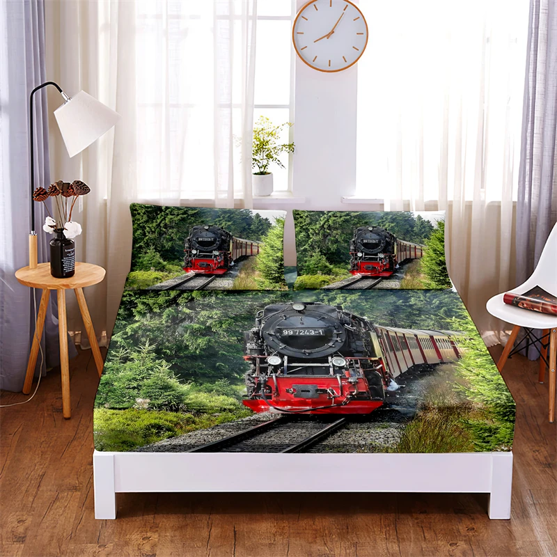 Train, Sports Car 3pc Polyester Solid Fitted Sheet Mattress Cover Four