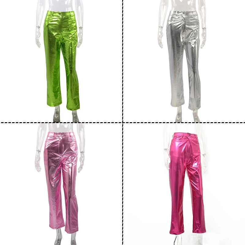 Women Fashion Metallic Shiny PU Leather Pants High Waist Casual Trousers Streetwear Straight Leg Pants Y2K Clubwear Bottom