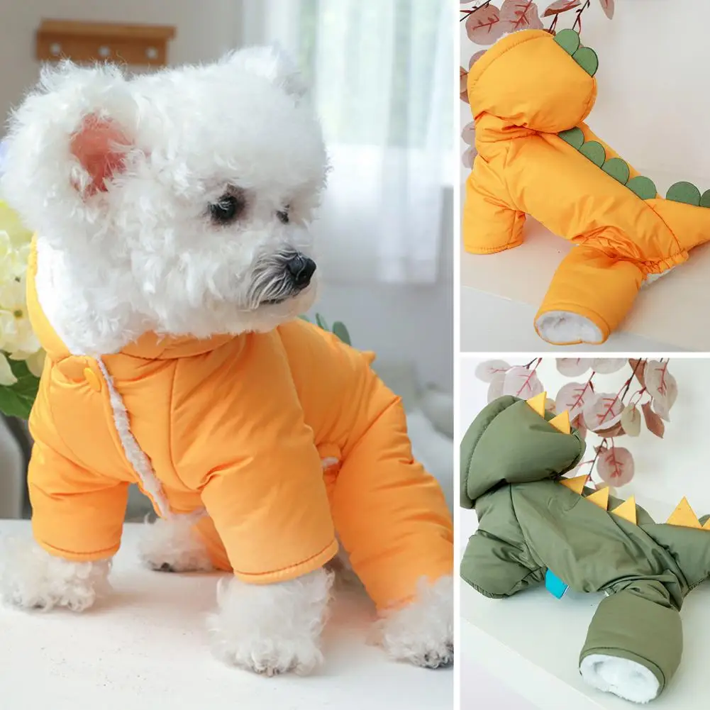 Dog Winter Jumpsuit Single-breasted Cartoon Dinosaur Shape Thicken Long Sleeves Four Legs Keep Warm Soft Padded Cardigan Pet Dow