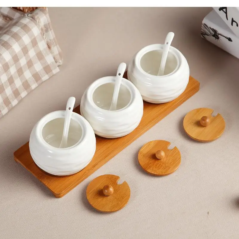 3 Piece Set Kitchen Supplies Ceramic Seasoning Pot Pepper Salt Glass Cruet Trapezoidal Bamboo Rack Tray