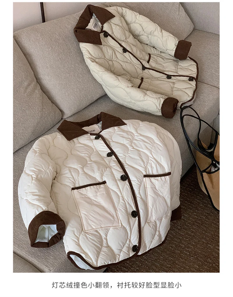 Short Down Cotton Jacket Women 2025 New Contrasting Color Lapel Diamond Grid Lightweight Loose Cotton Clothes Female Outerwear