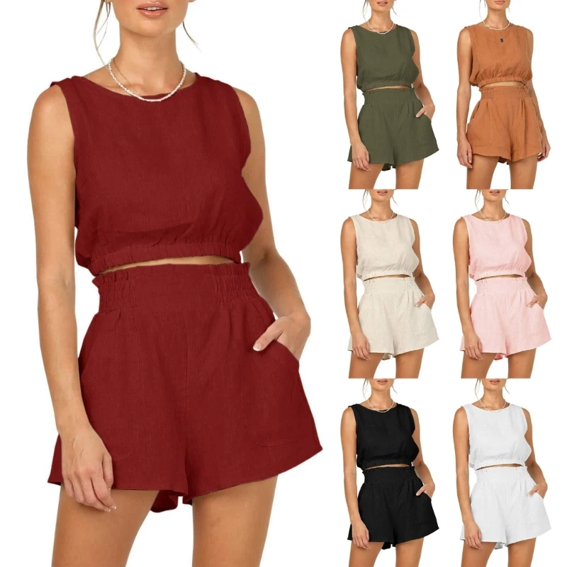 Solid Color Two Piece Set for Women Neck Tanks Top and Pocketed Shorts Set Dropship