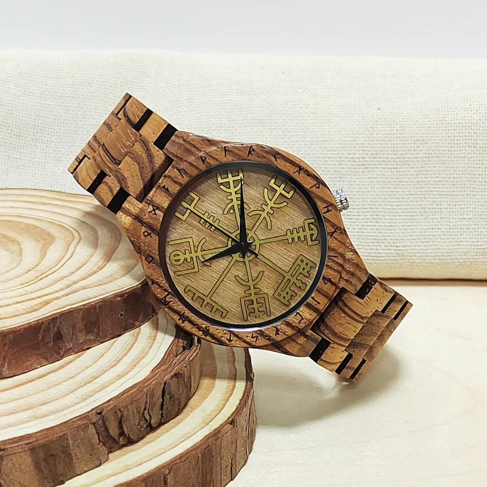 SBRTL Orologio Uomo In Legno Vikingo Con Simboli Runici – Cinturino Regolabile, Movimento Giapponese