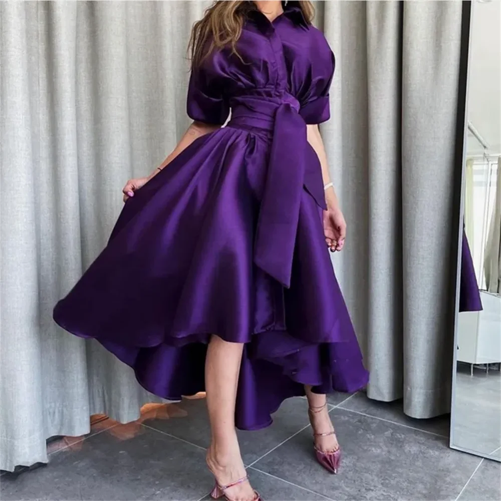 

High Low V-neck Prom Dresses Pleat Sashes Tea Length A Line Formal Evening Gowns Robe Femme Women Cocktail Party Wear 2024