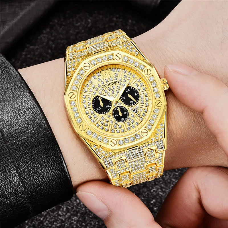 Original CURDDEN Big Brand Golden Watches For Men Fashion Alloy Band Hip Hop Diamond Date Quartz Watch Montres de Marque de Luxe