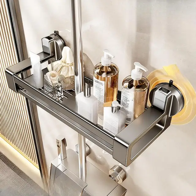 Oppbevaringshylle til baderom i metall med sugekopper Oppbevaringshylle til baderom i metall med sugekopper