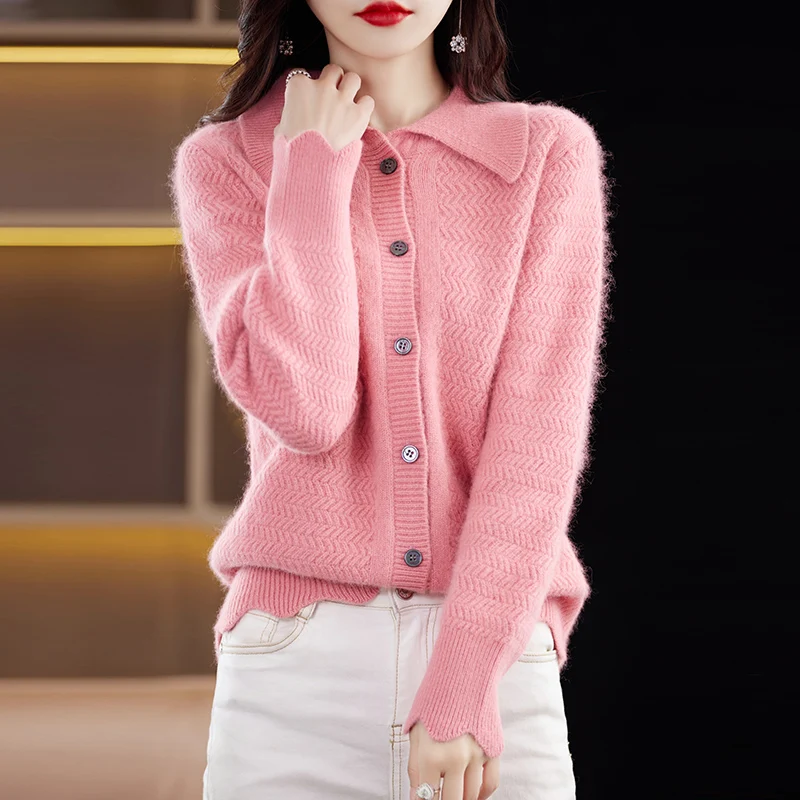 여성용 라펠 자카드 스웨터, 순수 밍크 캐시미어 니트 가디건, 루즈 라지 사이즈, 여성 의류 패션, 가을 핫 셀러 코트 탑