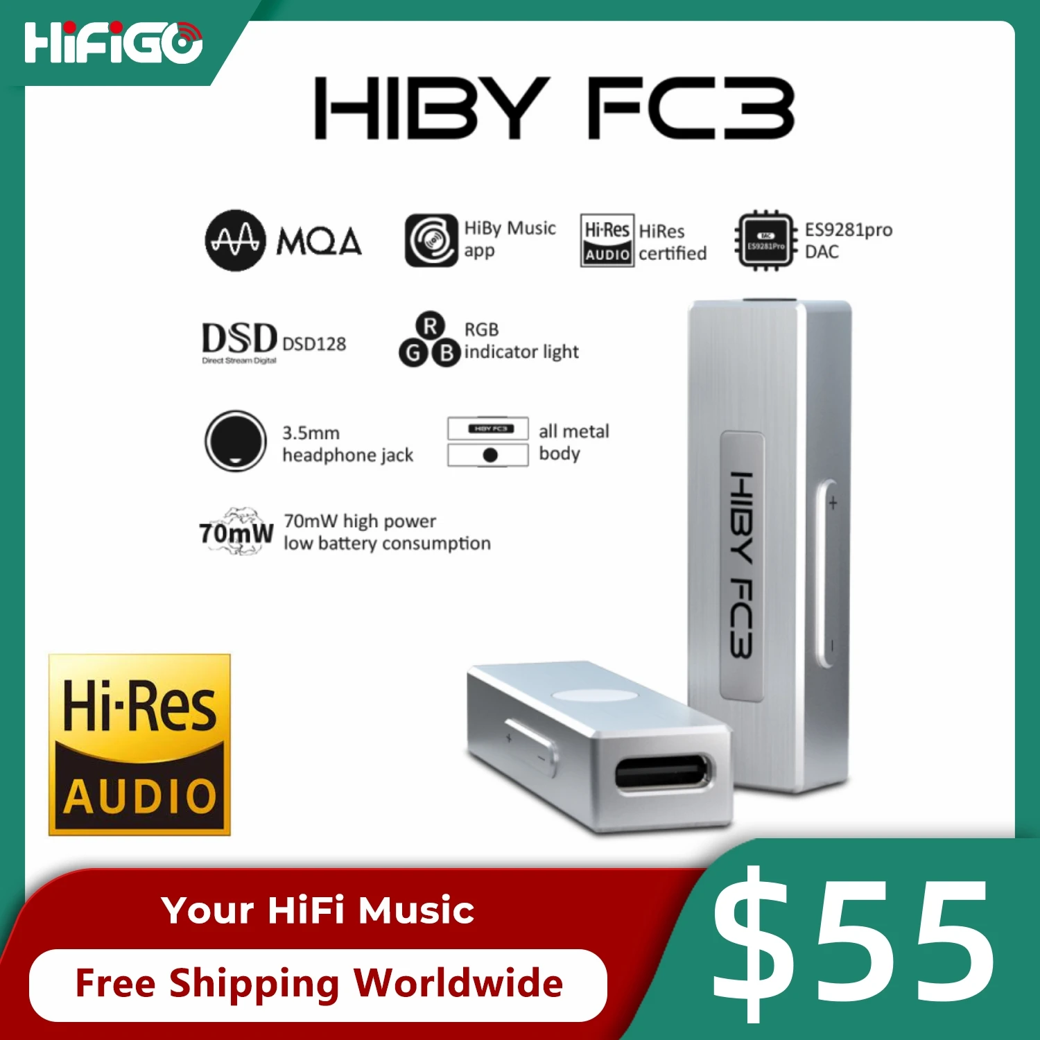 

HiBy FC3 MQA dongle USB DAC Lightning Decoding Audio Earphones Amplifier 8x MQA DSD128 SE 3.5mm Output for Android iOS Mac Win10