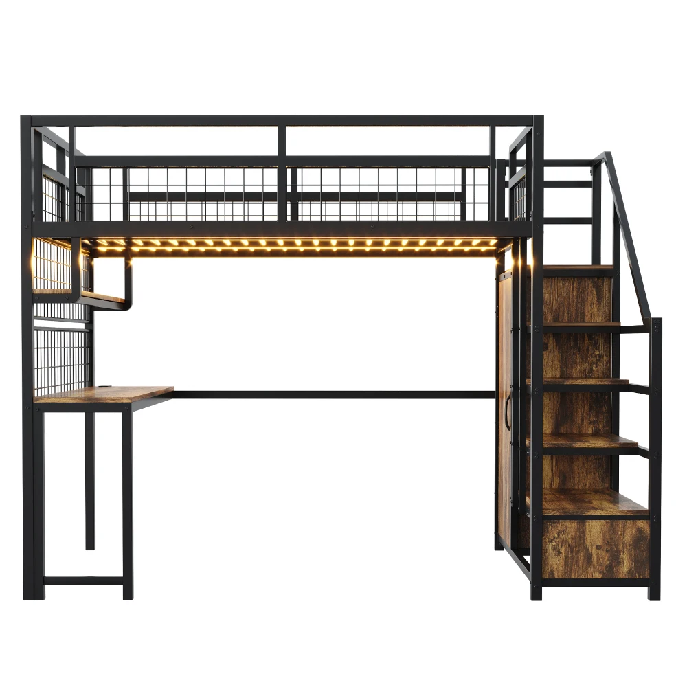 Metall-Hochbett 140×200cm, Multifunktionales Jugendbett mit Stauraumleiter & Kleiderschrank, Schreibtisch, Regal, Netzgitter, LED-Streifen & Steckdose – Detail 12