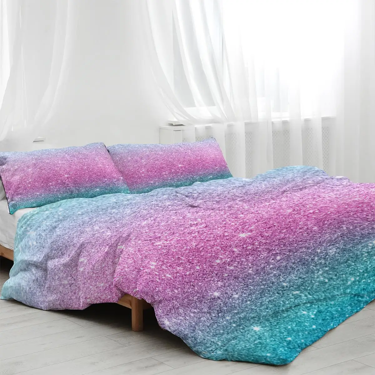 Trendy Pastel Glitter Duvet Cover Set - Turquoise, & 3-Piece Queen Bedding for girls 6