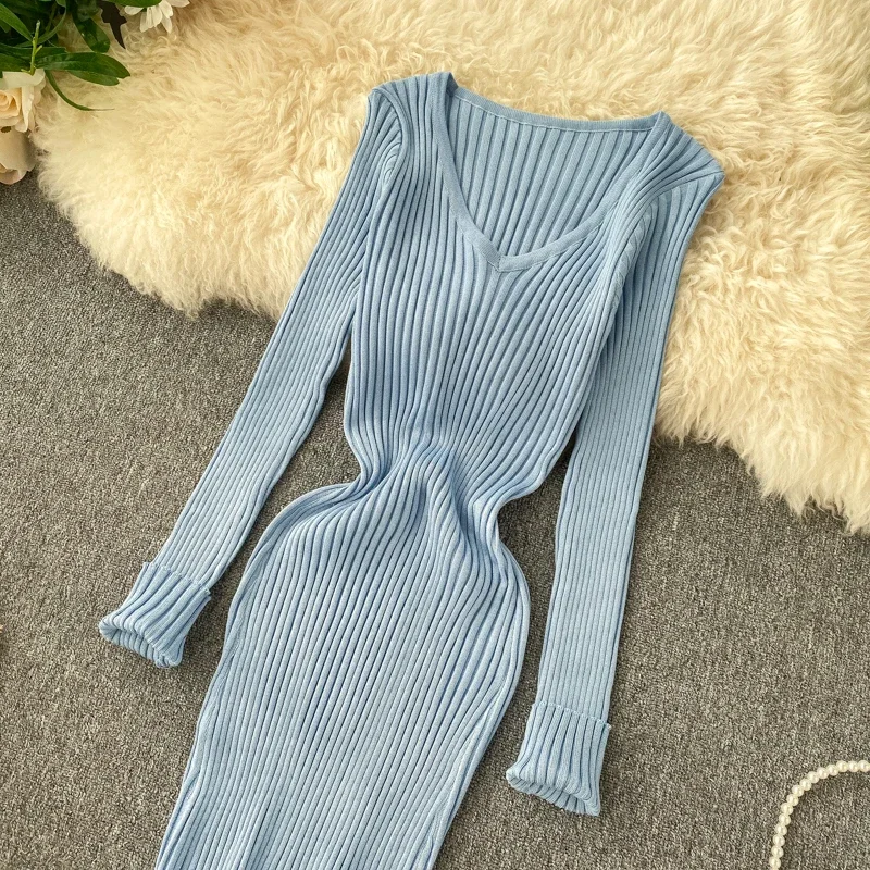 Neue Frauen Herbst Strickkleid V-Ausschnitt sexy schlanke elastische übergroße Basic Bodycon Pullover Kleid Winter gestrickt warmes langes Kleid – Detail 16