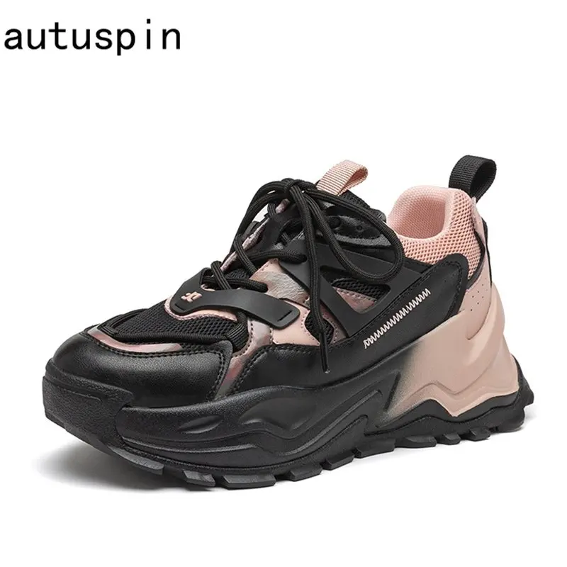 

Autuspin New 6cm Genuine Leather Female Sneakers 2023 Spring Retro Mixed Colors Causal Shoes Ladies Chunky Lace-up Sneaker Woman