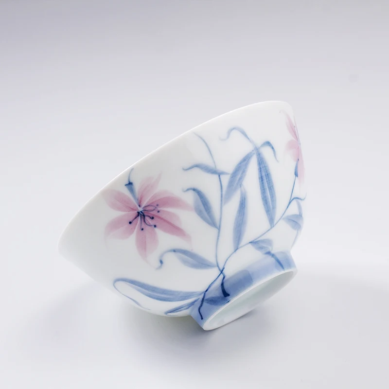 Keramik-Teetasse Chinesisches Kungfu-Tee-Set Handbemalte Blau-Rosa Narzissen-Blumenmuster Vintage Exquisit 80ml Büro Zuhause Trinkgeschirr – Detail 5