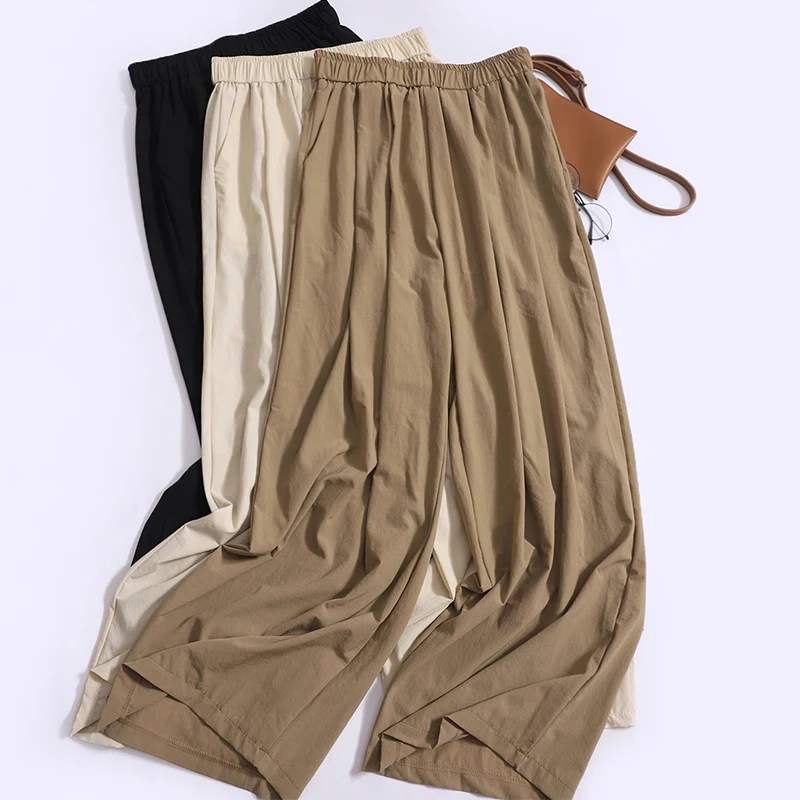 

Summer Solid Colour Trousers Women High Waist Pleated Pockets Wide Leg Pants Casual Fashion Straight Long Pants