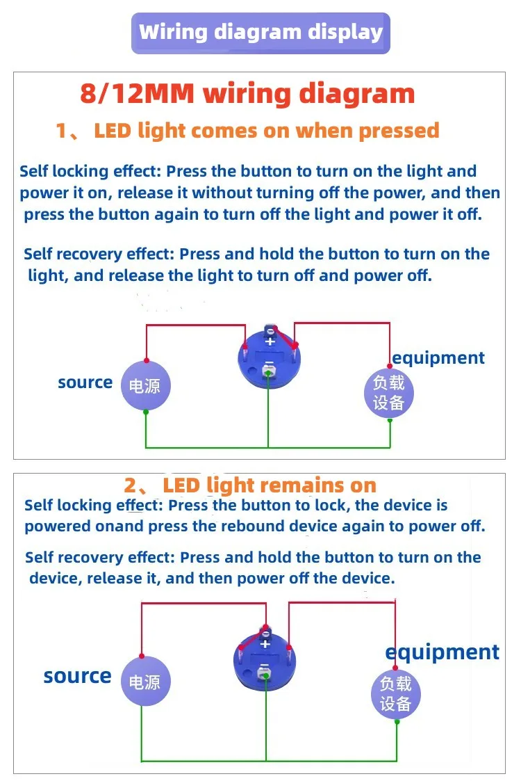 12 16 19 22MM Metal push button switch LED Light Waterproof Momentary Self-Locking Car Engine Power Supply 5V6V12V24V 220V Red Blue