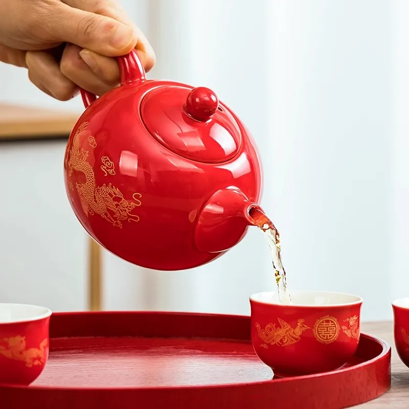 "Traditional Chinese Wedding Tea Ceremony Set - Red Double Happiness Tea Cups with Golden Tray, Bridal Dowry Gift for Newlyweds